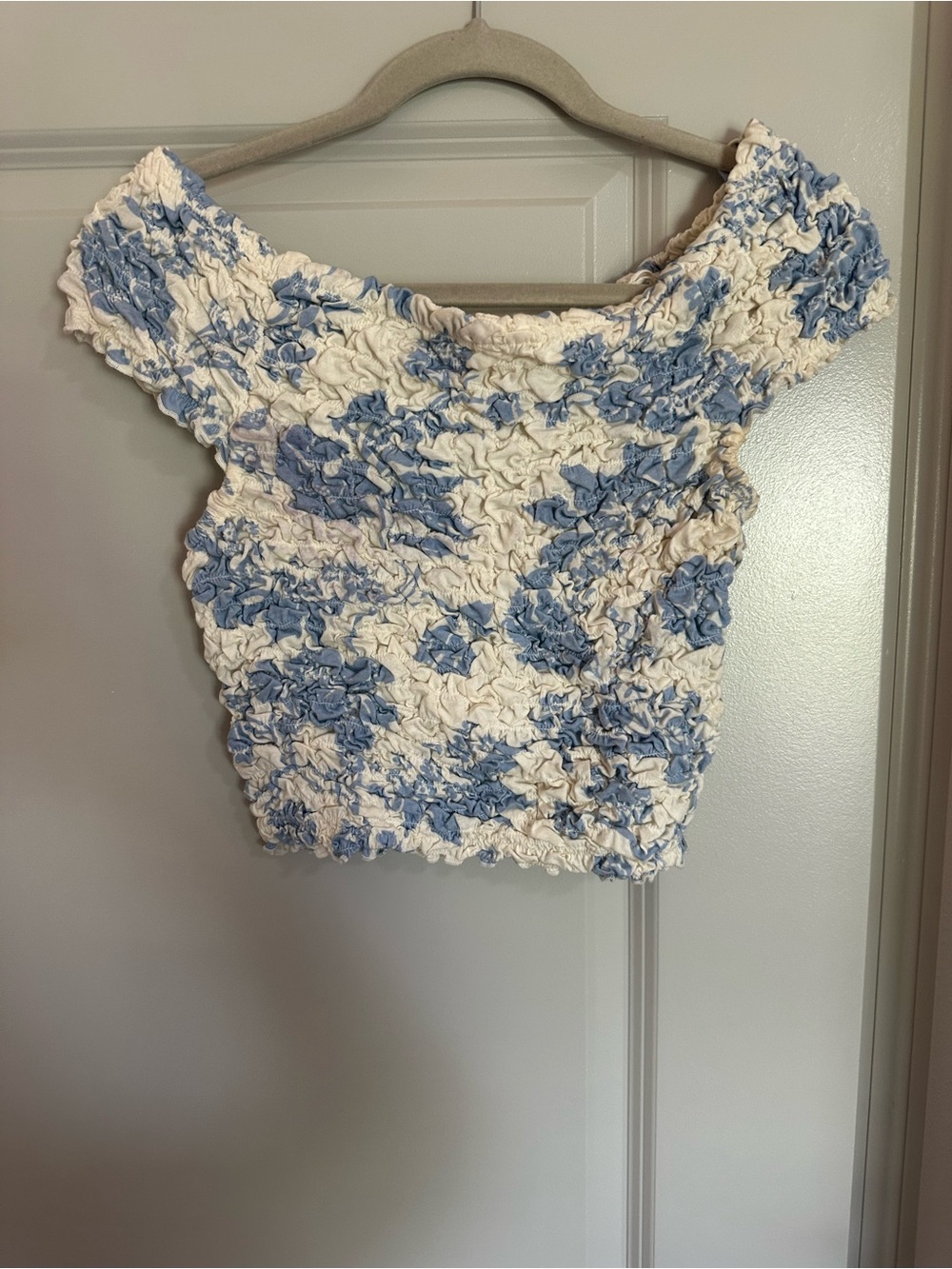 Free People Blue and White Smocked Off-Shoulder Crop Top